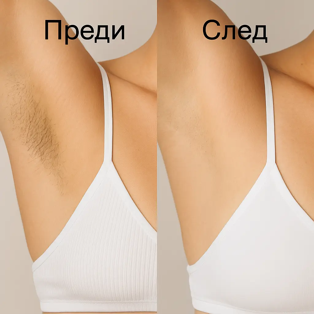 Сравнение преди и след първа процедура лазерна епилация на зона подмишници, с видимо по-разредено окосмяване след процедурата