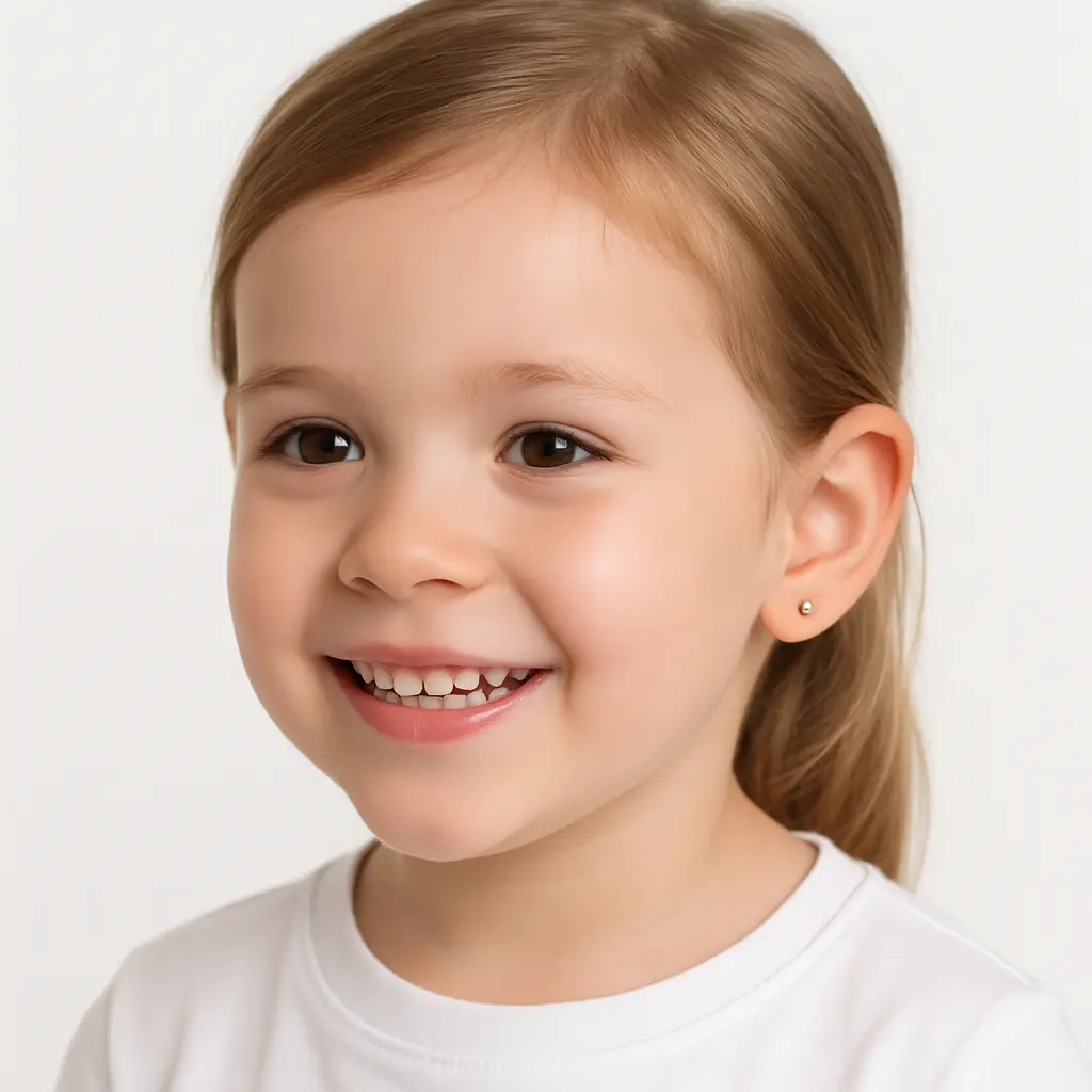 Smiling child with newly placed earrings after ear piercing