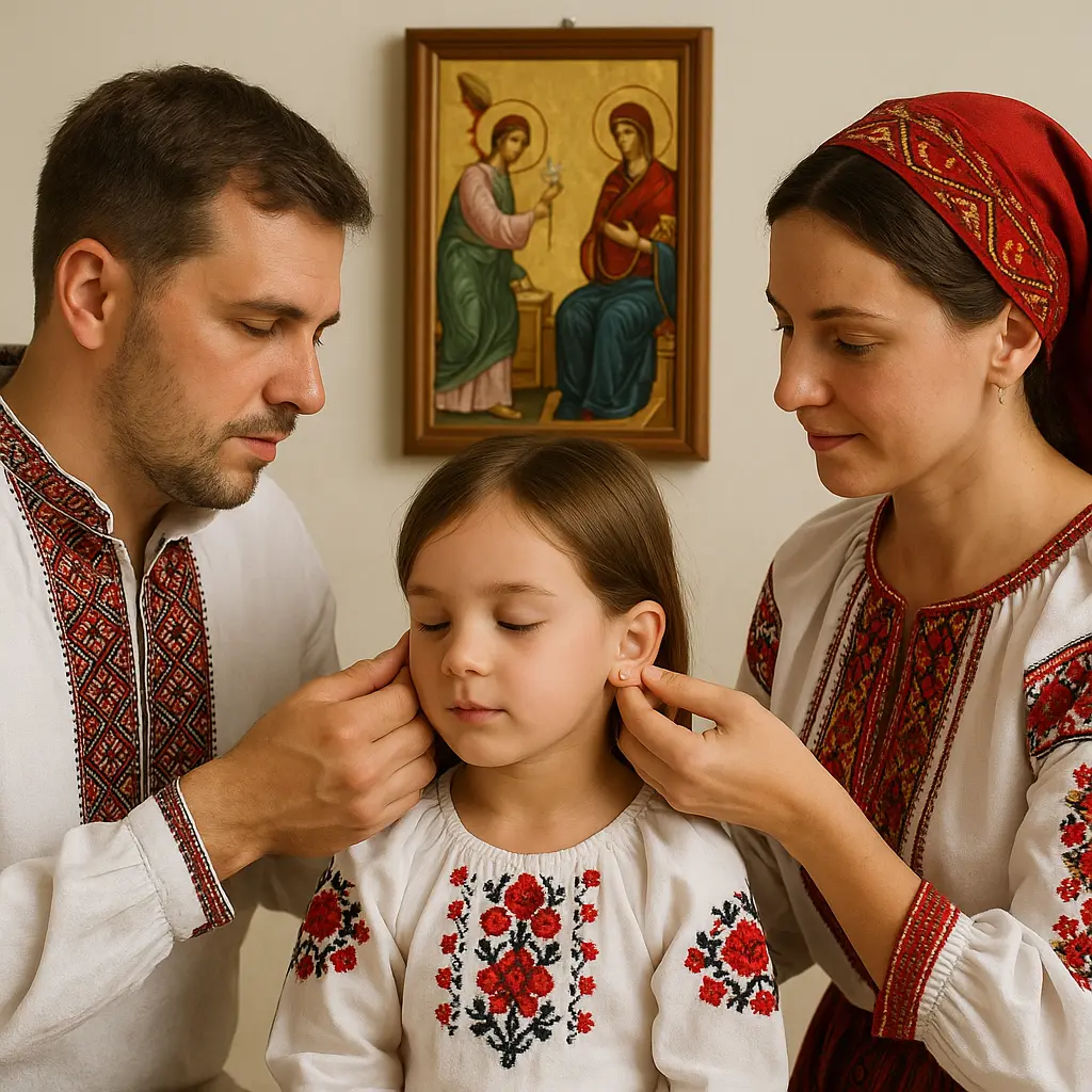 A family in traditional Bulgarian costumes having a child's ears pierced in front of an Annunciation icon
