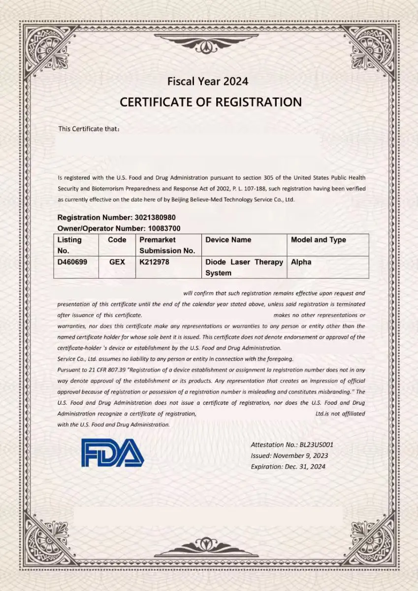 FDA Registration – Diode Laser Therapy System (регистрация на производител/устройство в САЩ)