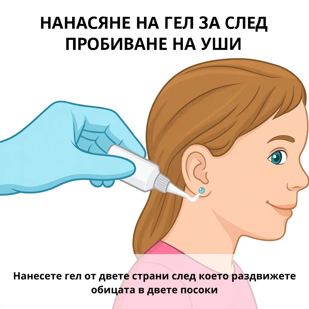 Applying aftercare gel to a freshly pierced child’s ear