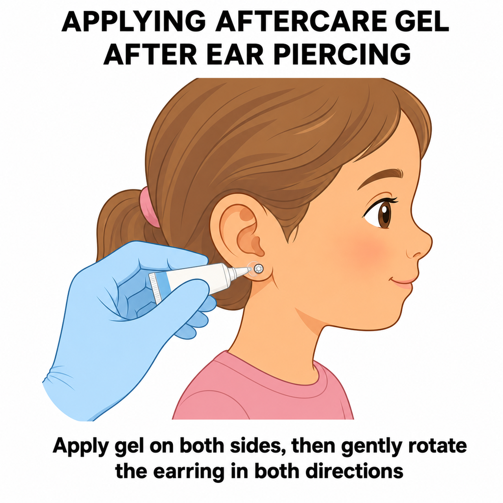 Applying aftercare gel to a freshly pierced child’s ear