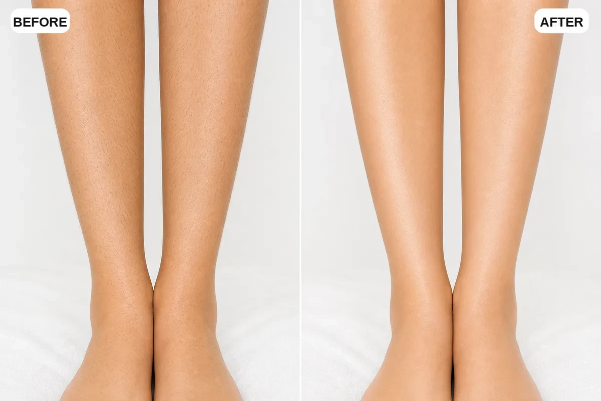Before and after leg laser hair removal, smooth skin after sessions at ABI Beauty (illustrative visualization)