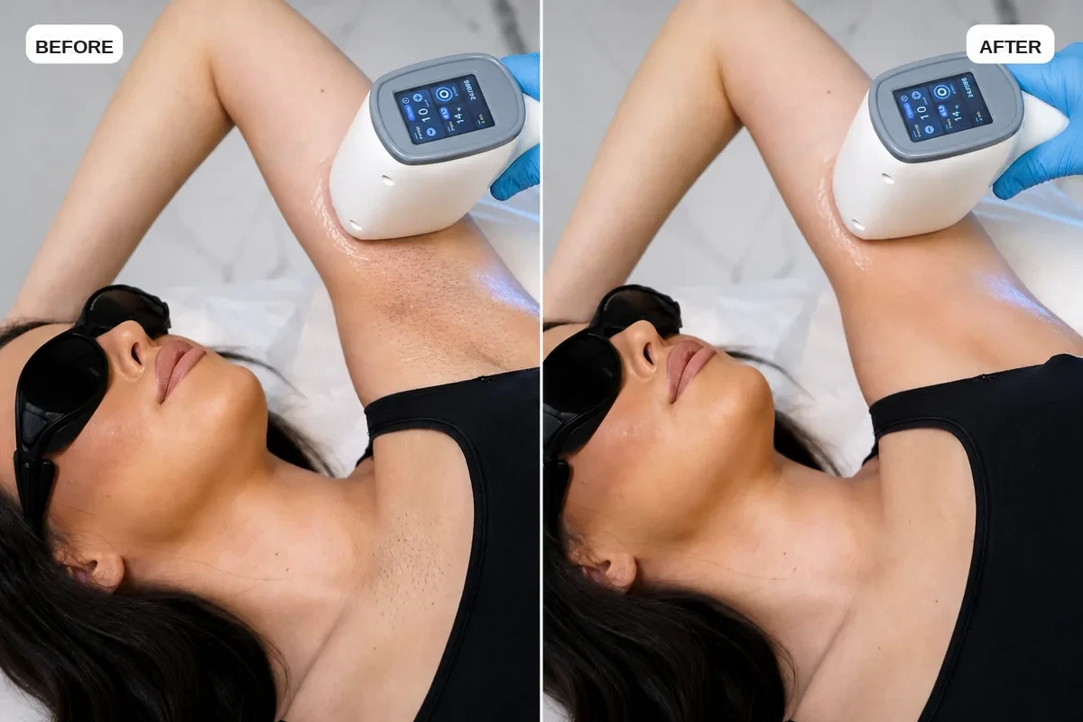 Before and after underarm laser hair removal with the Coherent | DILAS diode laser at ABI Beauty (illustrative visualization)